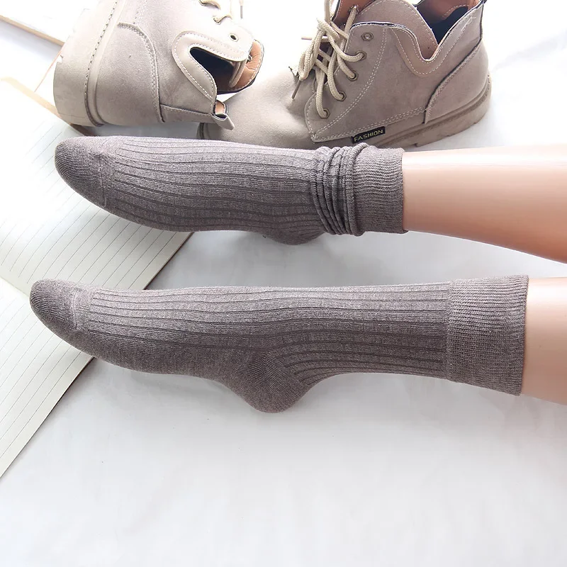 1 Pair Retro Women Cotton Loose Socks Autumn Winter Knitting Solid Color Long Black Pink Korean Japanese Student Girls Stockings