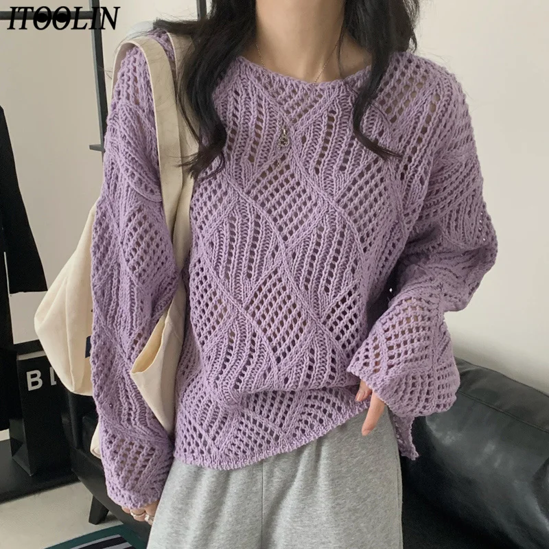 ITOOLIN Women Chic Hollow Out Knitted Sweater V-Neck Loose Batwing Sleeve Pullovers Tops Casua Women Knit Shirt Autumn Winter