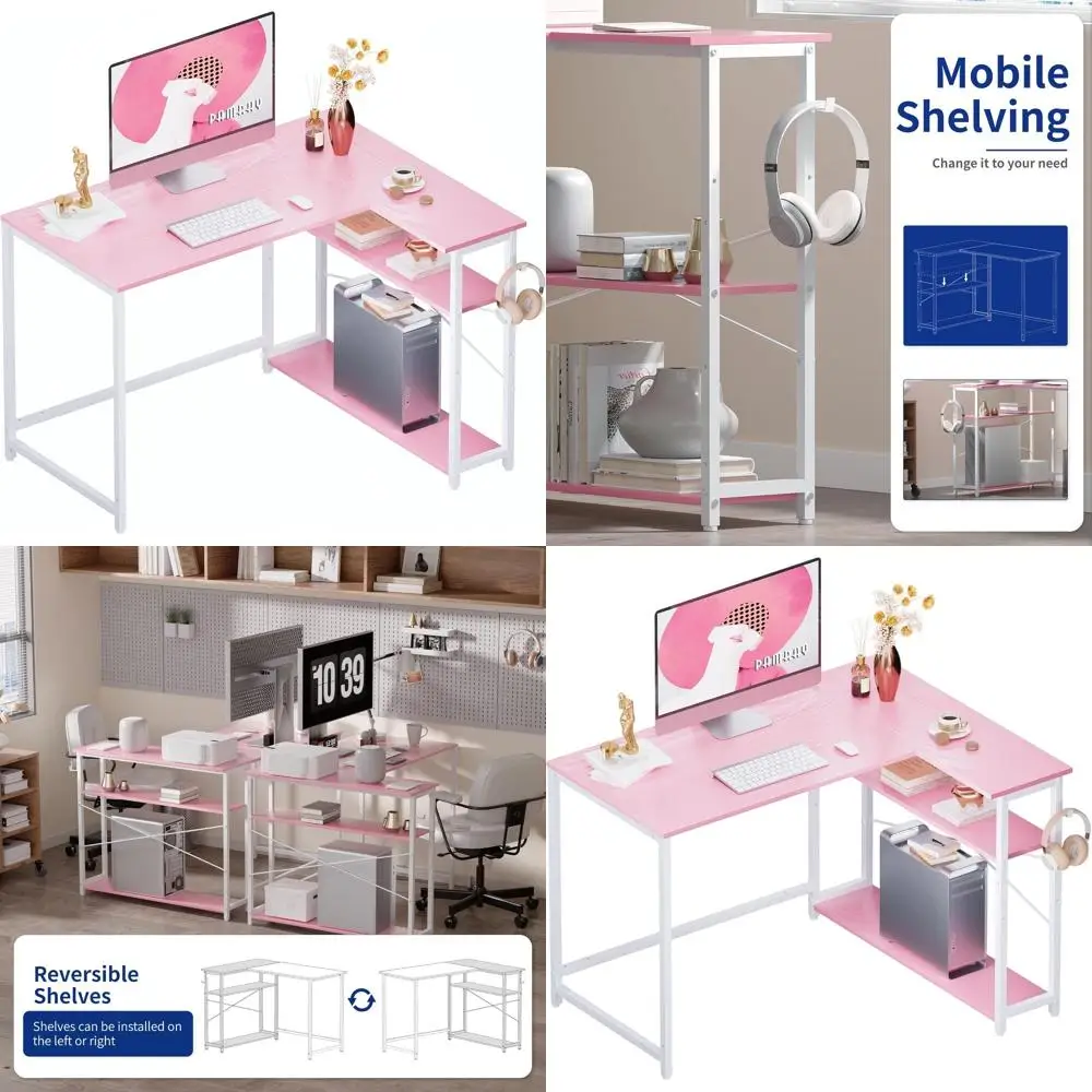 

43 Pink L-Shaped Desk with Reversible Shelves for Compact Home Office, Small Corner PC Desk with White Legs