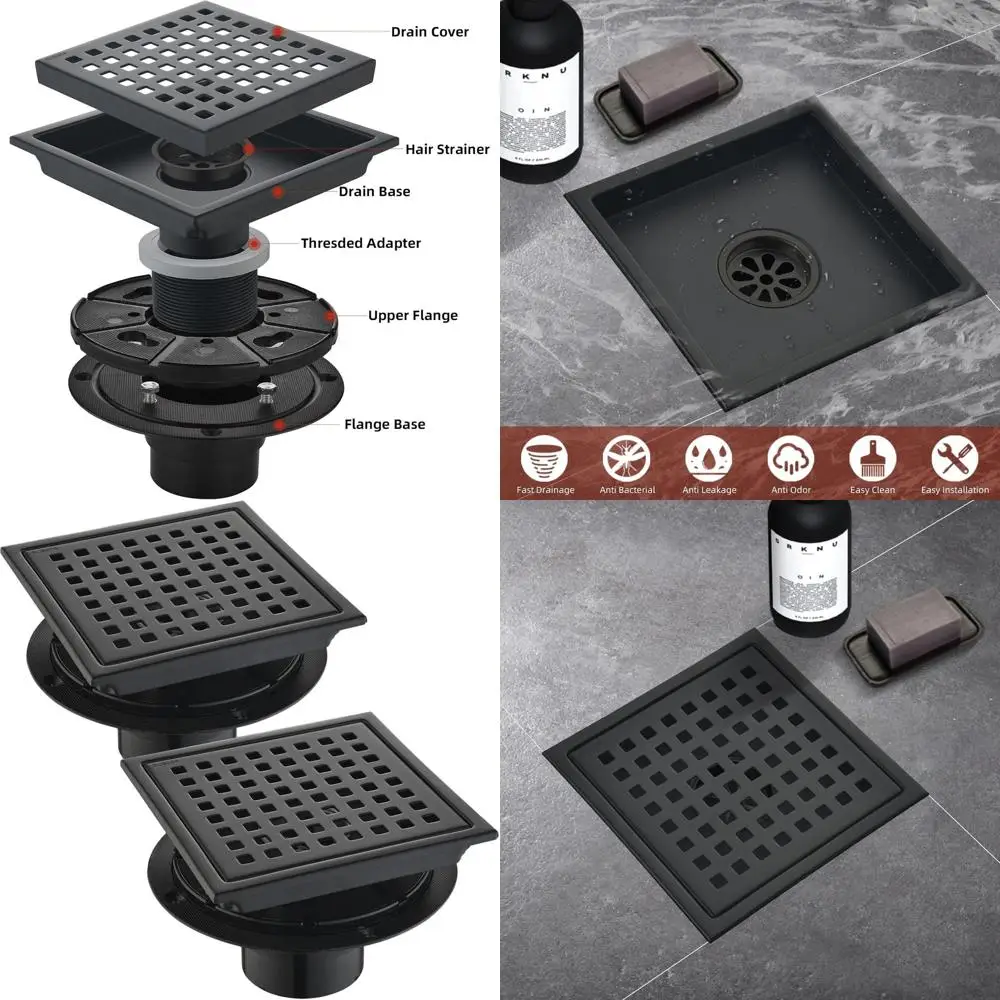 

Pair of 6 Square Shower Drains with Detachable Grille, 304 Stainless Steel, Shower Hair Filter Included, Black, Suitable for Bat