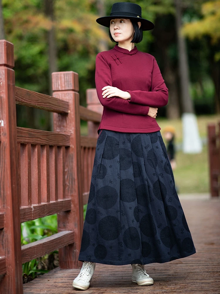 

Ele Double Layer Cotton Linen A-Line Skirt Women's Autumn Winter Faion Casual Midi Skirt Girls' mid Waist Design