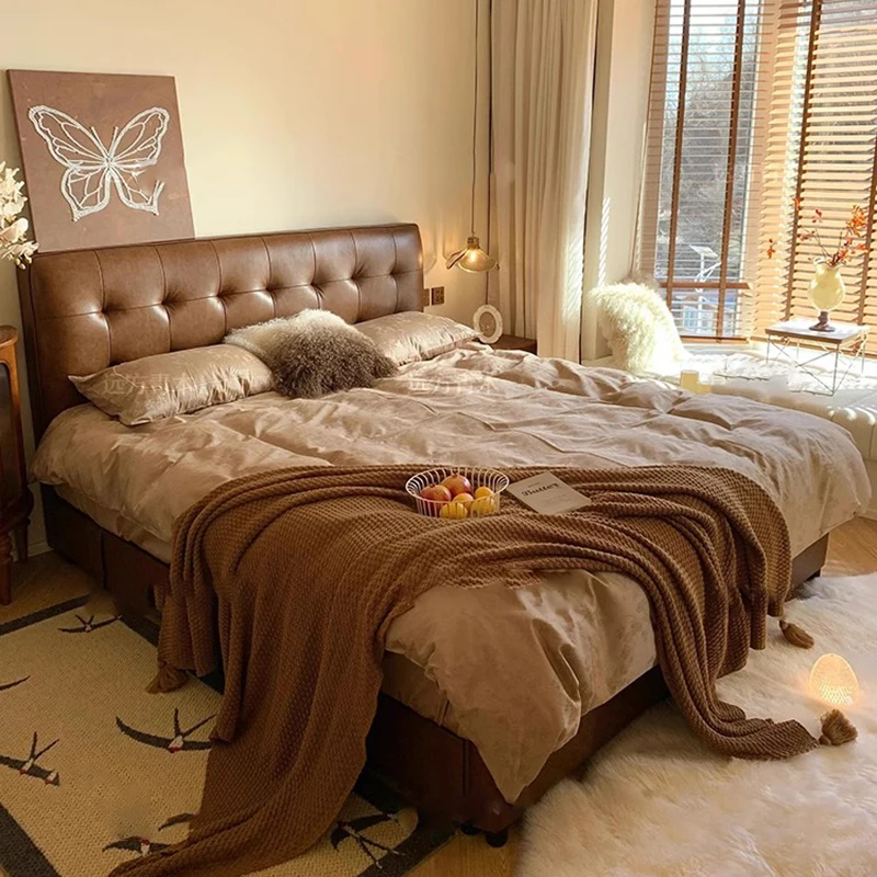 Minimalist Brown Double Bed High Profile Elegant European Double Bed Floor Reading Camas Moderrna Inteligentes Bedroom Furniture