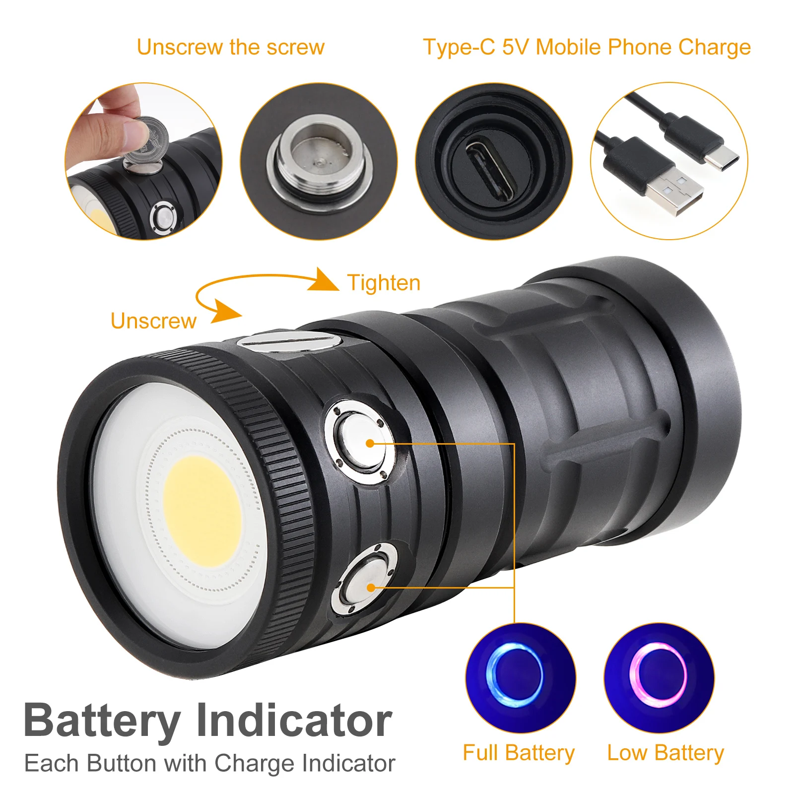 SecurityIng Professional Photography Light Highlight Lamp 18000 LM COB LED Diving Flashlight IPX-8 100M Camera Video Torch