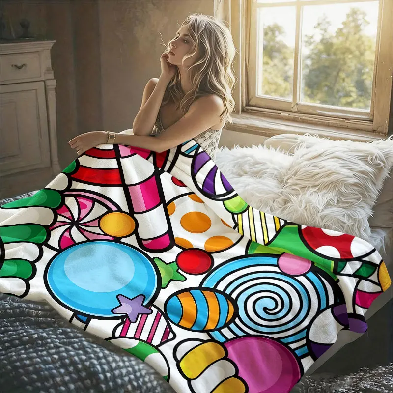 Cartoon Candy Burst Flannel Blanket Warm Soft Halloween Christmas Decorative Couch Warm Cozy All-Season Gift