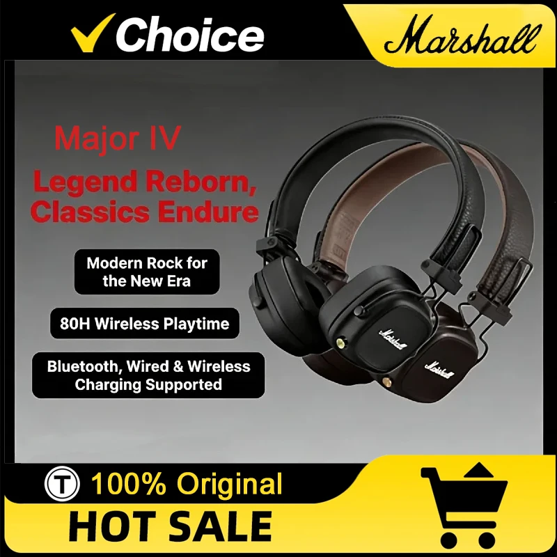 

Беспроводные наушники Marshall Major IV с Bluetooth, шумоподавлением, Hi-Fi звуком, складной конструкцией и съемным кабелем