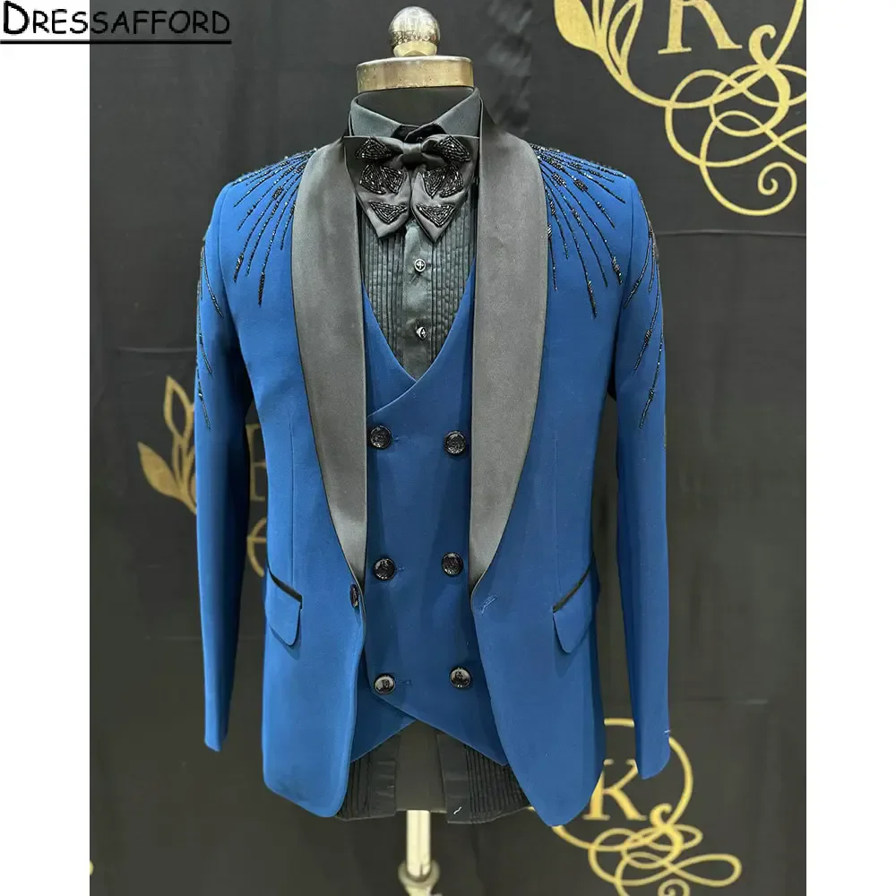 Blue Beading Crystal Men Suits Groom Wedding Tuxedos 3 Pieces Sets Dinner Prom Blazers Terno Masculino Completo