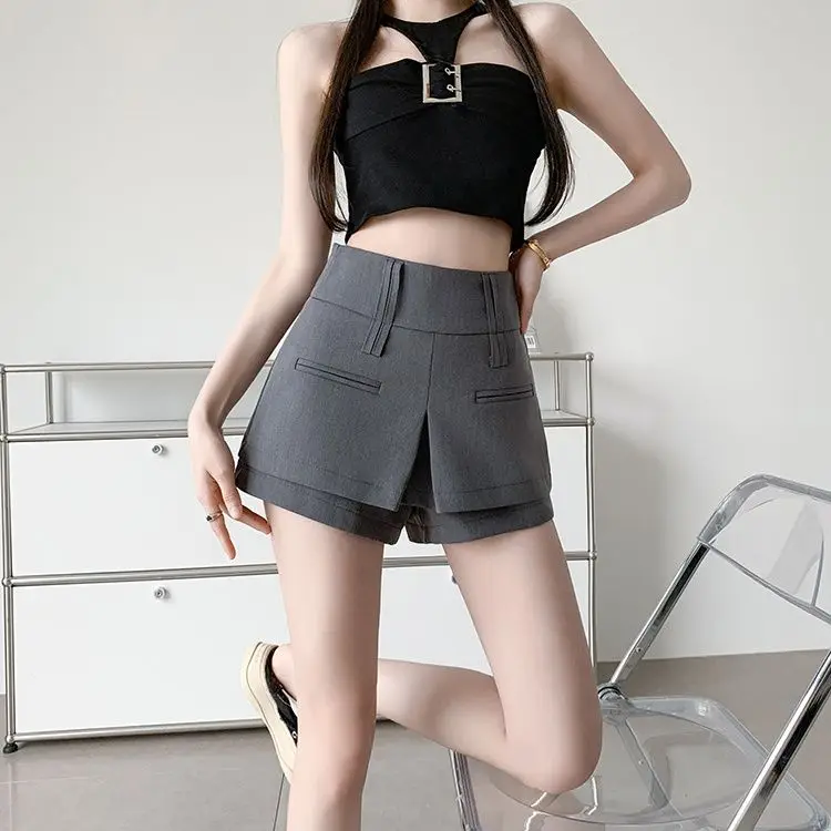 Summer New Solid Color High Waisted Fake Two-Piece Skirt Pants for Women, Elegant and Fashionable British Style Slim Fit Shorts