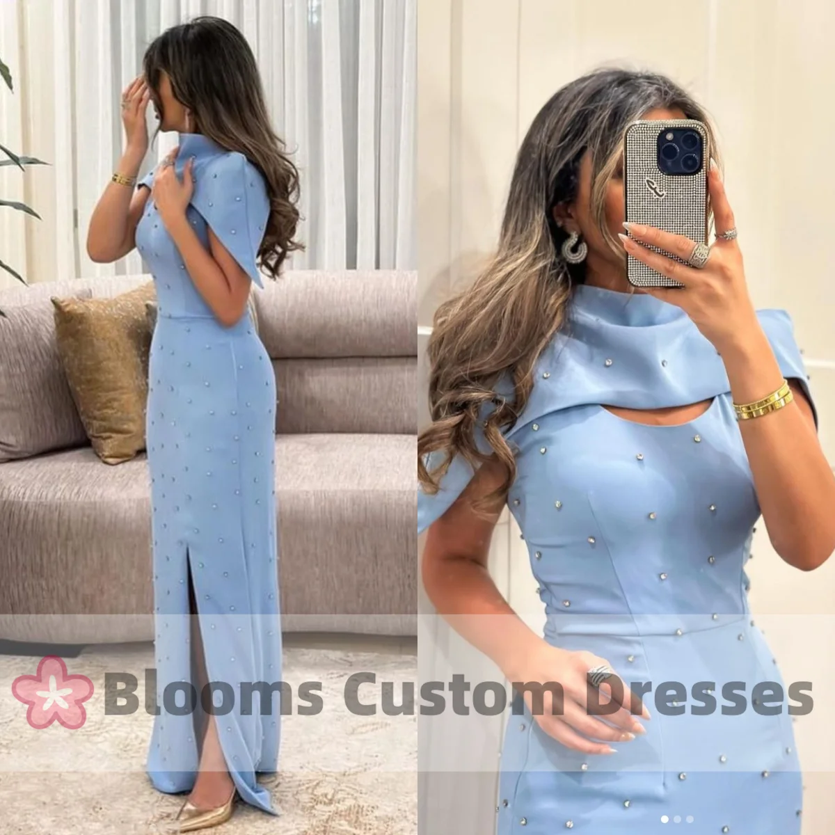 Blooms Rhinestone Haze Blue Crepe Customized Evening Dresses For Special Occasion Saudi Elegant Party Gown Prom Dresses