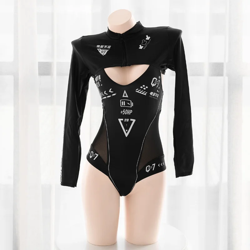 Anime Game Cyber Machinery Women Cosplay Hollow Mesh Costume Long Sleeve Punk Mecha Print Personality Two Piece Set Swimsuit