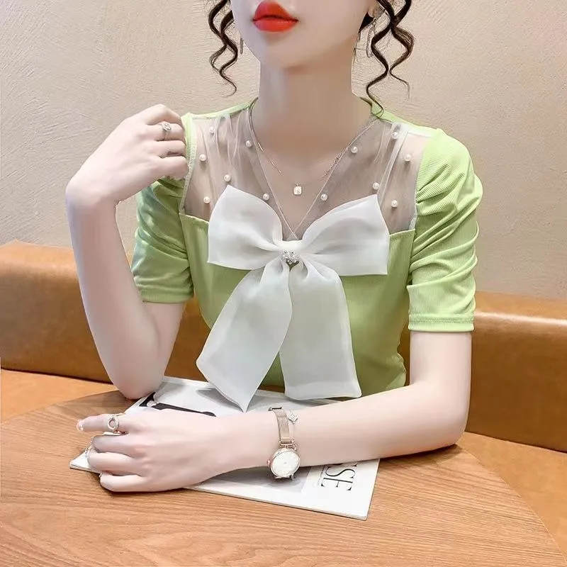 Women Top Elegant Puff Sleeve Spliced Bow Casual Pullover Sweet V Neck Summer  Korean Fashion Style Women Clothing