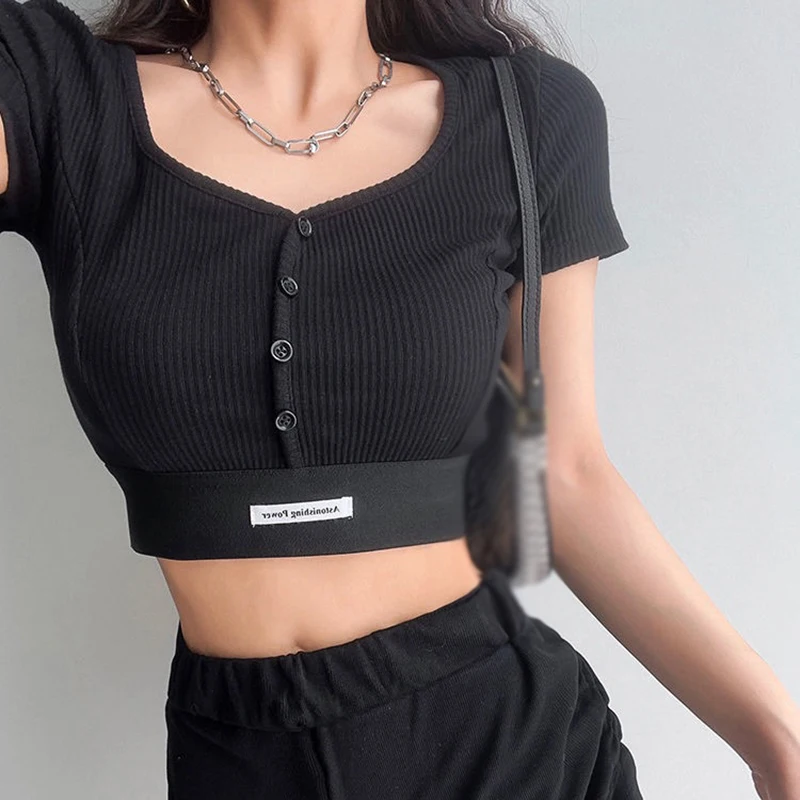 Summer Slim Fit T-shirt Women Short Sleeve  Exposing Belly Short Style Spicy Girl Square Neck Open Shirt Top