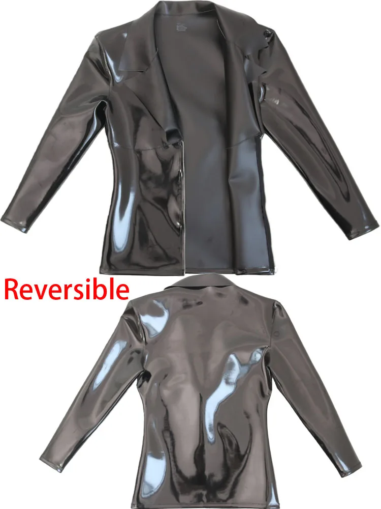 

Shiny Matt Double Sided PU Leather Reversible Long Sleeve T Shirt Wet Look PVC Tshirt Hip Hop Stage Performance Tops Jacket Coat