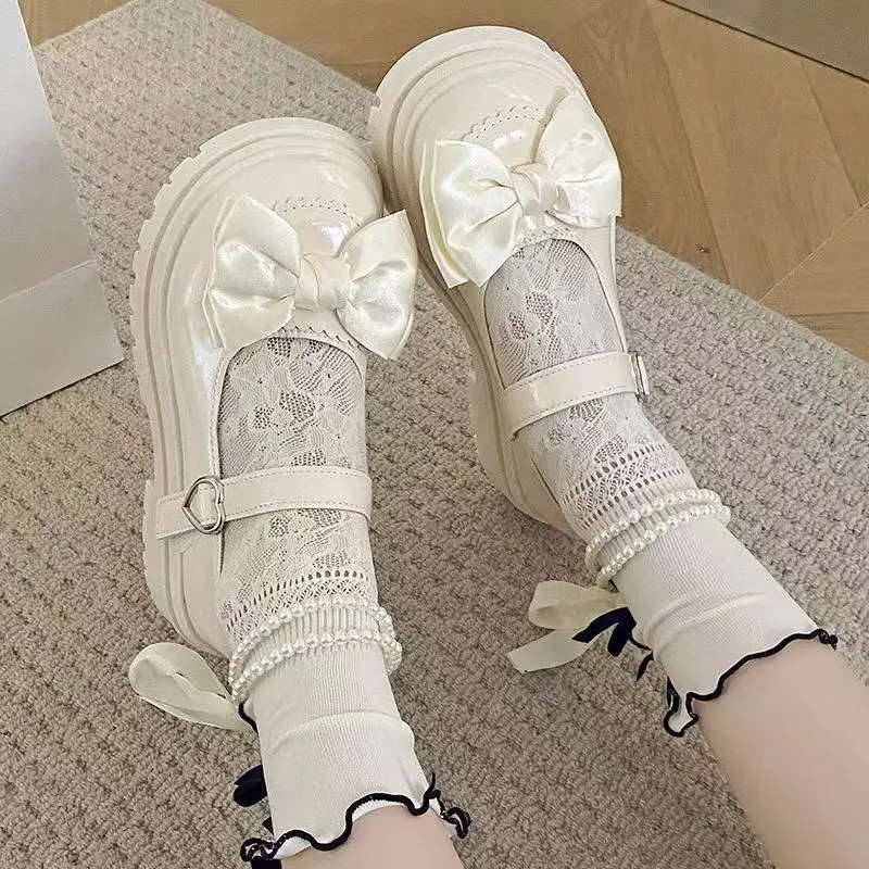 Sweet Bow Platform Lolita Shoes Women Luxury Pearl ankle buckle Mary Janes Shoes Woman Academy style Kawaii cosplay JK shoes