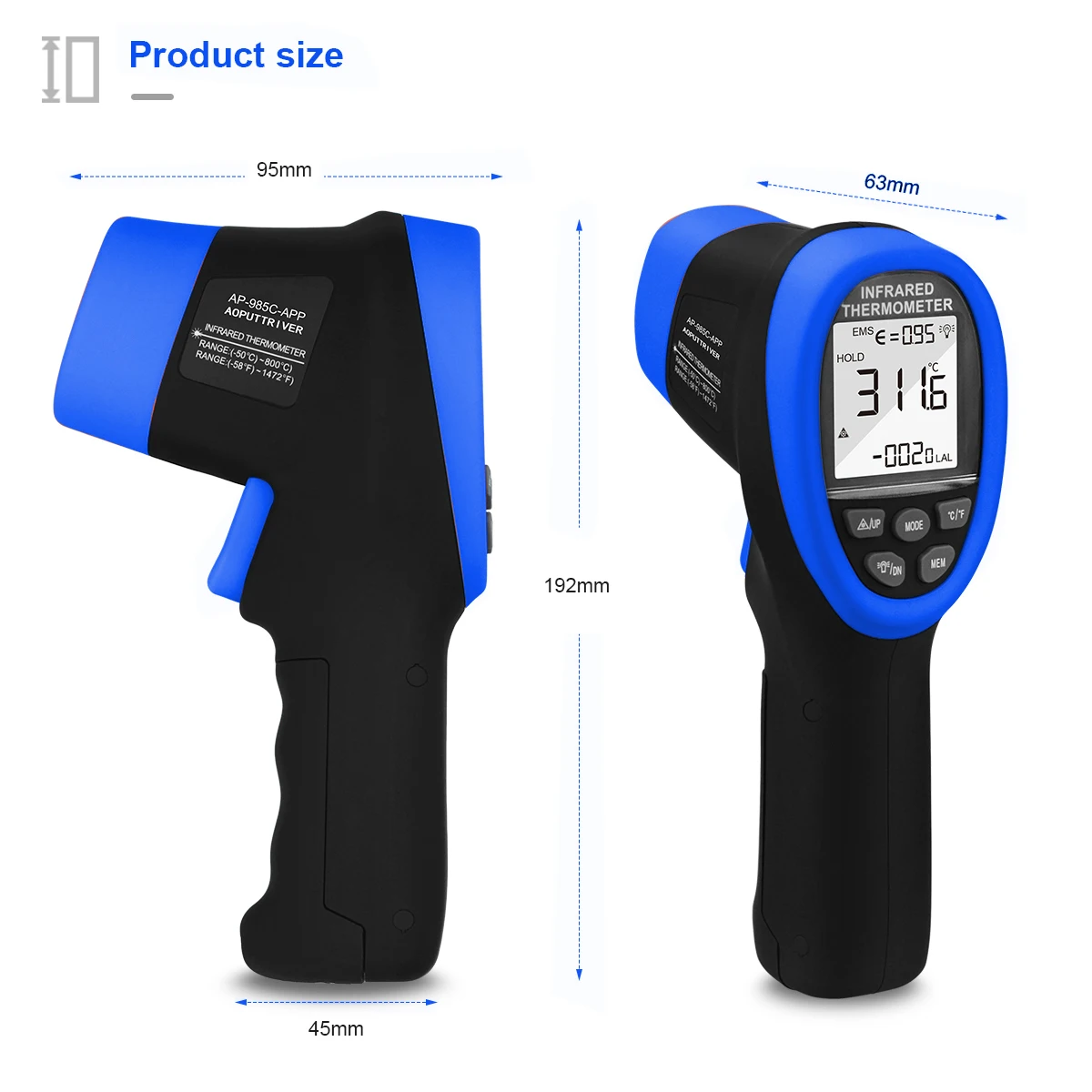 HoldPeak Infrared Thermometer Gun -50~800℃ Non-Contact Laser Bluetooth APP 16:1 Adjustable Emissivity High Accuracy HVAC Tester