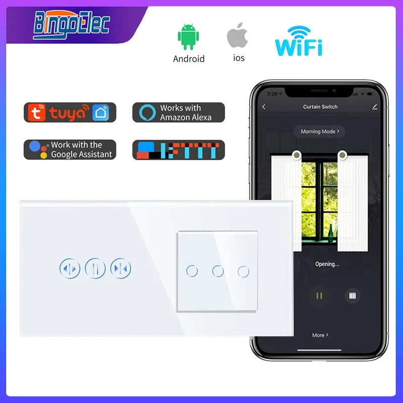 

Bingoelec 3 Gang 1 way EU Standard Smart Wifi Touch Switch With Smart Curtain Crystal Glass Panel Smart Blind Work With Tuya App