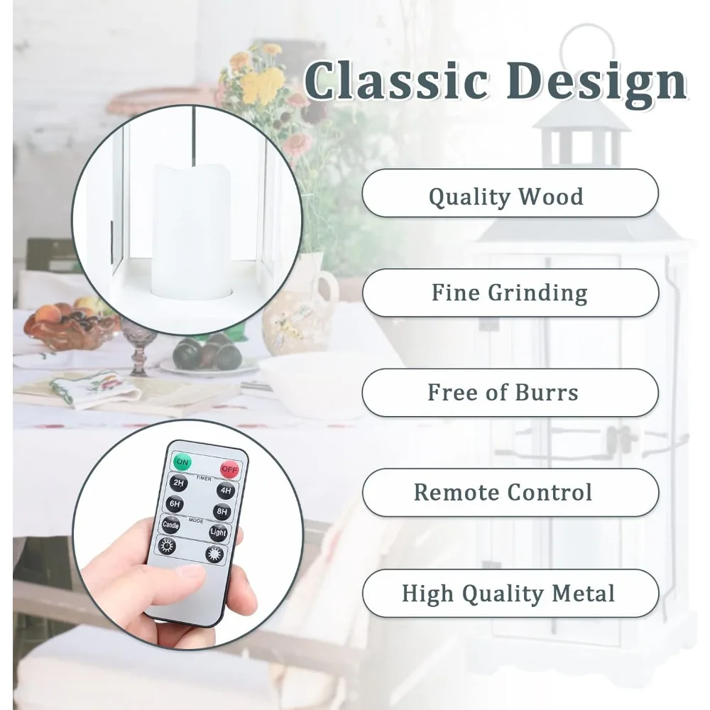 Rustikales weißes wasserdichtes Laternen-Set, 26 Zoll Metall und Holz, Fernbedienung und Timer, gehärtetes Glas, flammenlose Dekoration