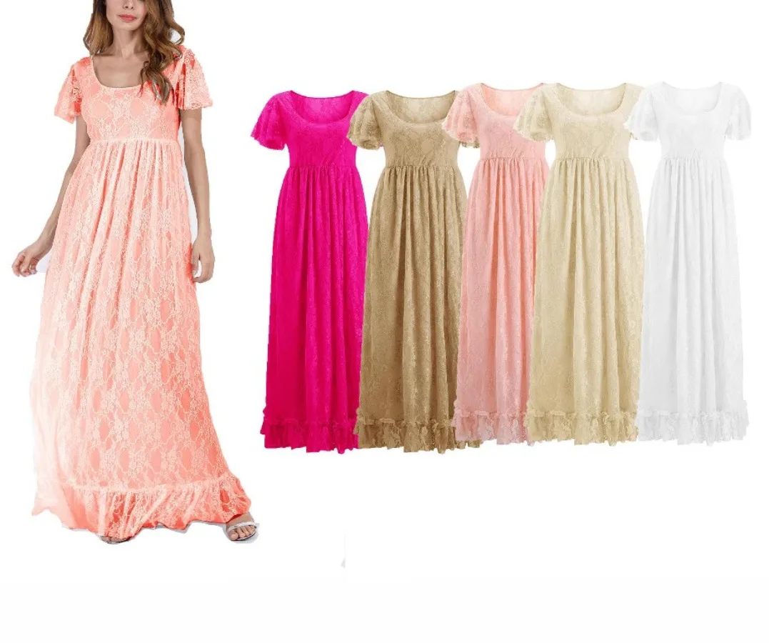 Leisure Maternity Wear Solid Color Lace Ruffle Short Sleeve Round Neck Long Dress Pregnant Woman Photography Flying Sleeve Dress