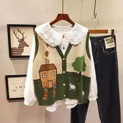 House Tree Jacquard Cardigan V-neck Knitted Women Preppy Style Single Breasted Sleeveless Sweater Vest Outwear Jacket Winter New