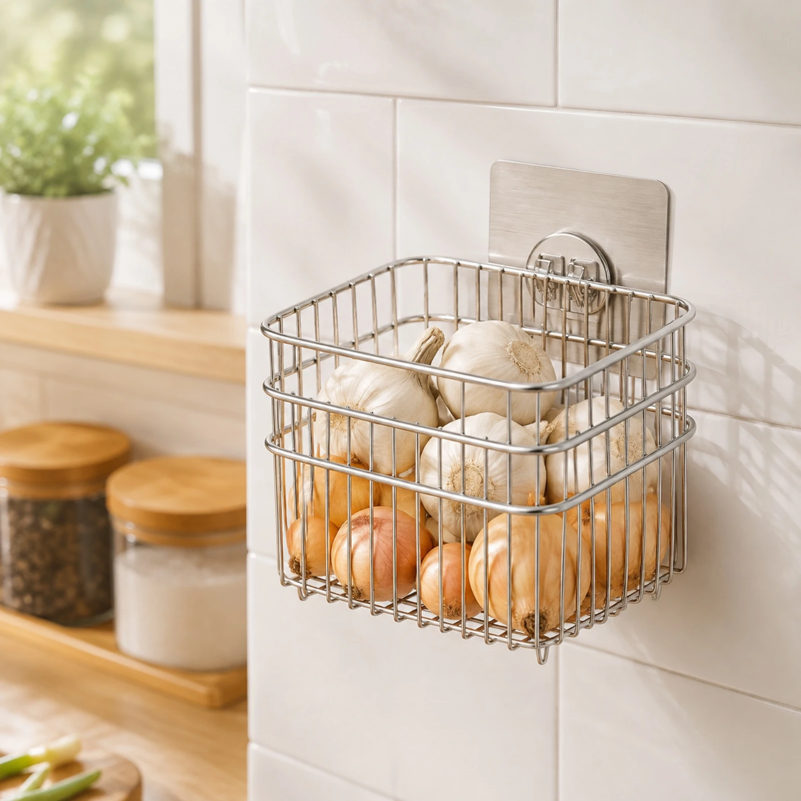 Removable Vegetable Storage Basket Space-Saving Wall Basket with Adhesive Mounting Plate SUS304 Easy to Clean