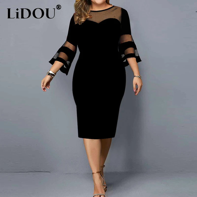 Bahar yaz zarif moda dantel Patchwork artı boyutu elbiseler kadınlar seksi Mesh akşam parti Vestidos katı Bodycon Robe Femme