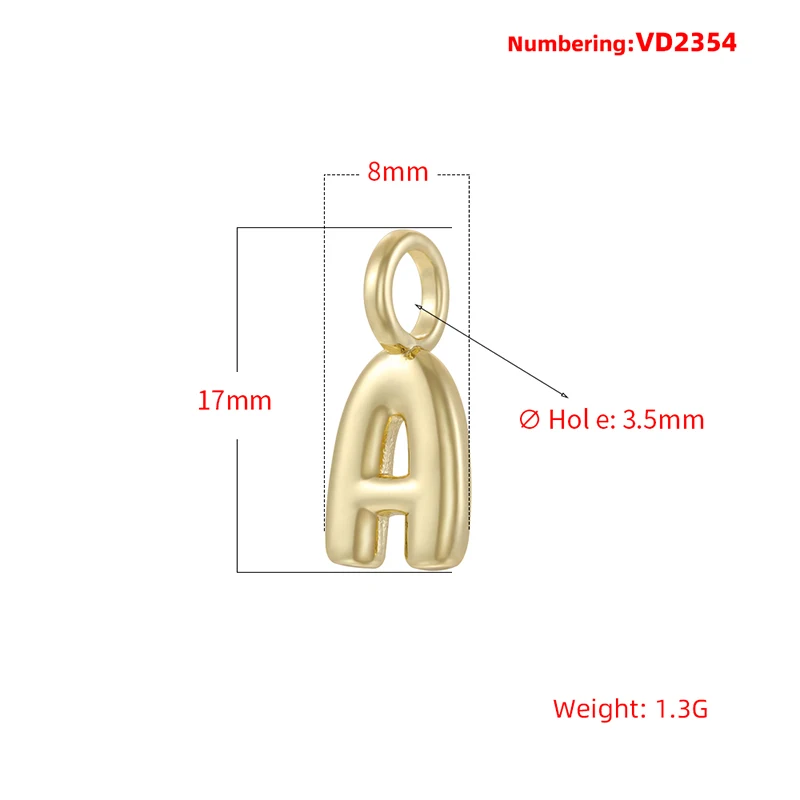17x8mm Glänzende Blasenförmige A-Z Kleinbuchstaben-Anhänger, vergoldetes Messing, Schmuckherstellungszubehör, Anhänger, Loch: 3,5MM, Modell: VD2354 – Detail 4