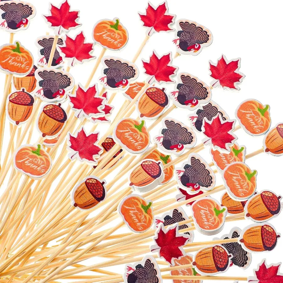 

Meanplan 100 Pieces Thanksgiving Cocktail Picks Thanksgiving Fall Food Appetizer Toothpicks Bamboo Maple Leaves Pumpkin Acorns