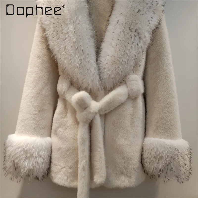 겨울 신상 우아한 사교계 친환경 모피 코트 여성용 인조 여우털 칼라 V넥 긴팔 두꺼운 따뜻한 코트