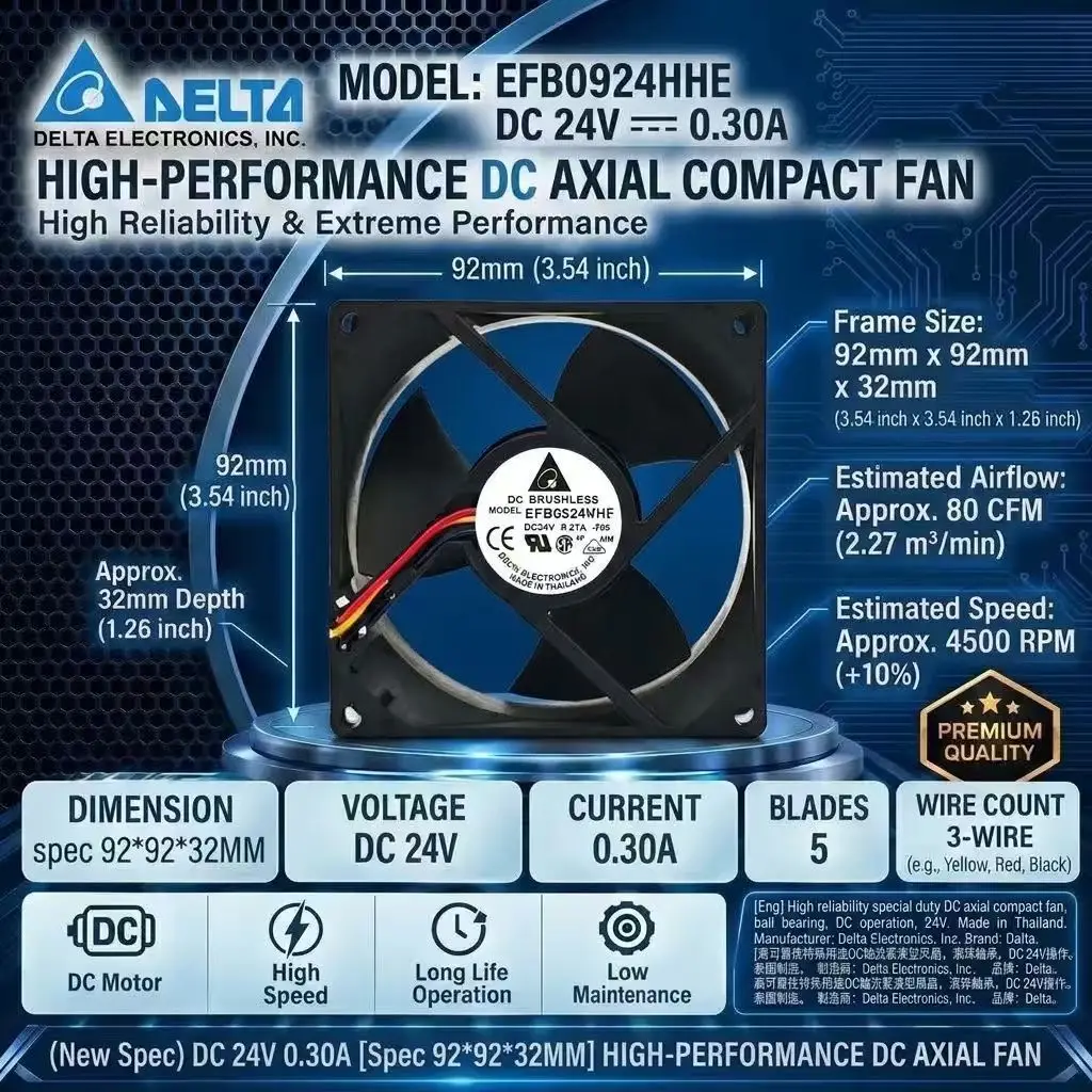 For Delta EFB0924HHE DC 24V 0.30A 9232 92x92x32mm Dual Ball Bearing 4500RPM 3-Wire Server Inverter Cabinet Axial Fan
