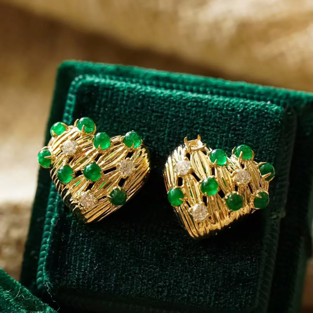 Retro14K Gold Filled Emerald Drop Dangle Earring Fashion Green Gemstones Matte Ear Studs Victorian Era Vintage Silver Jewellery