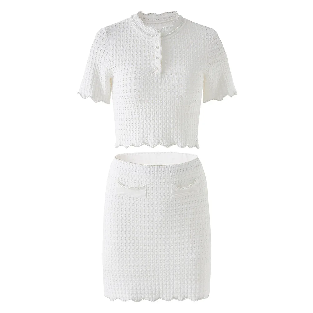 

Элегантный комплект с юбкой по индивидуальному заказу, однотонный вязаный топ с круглым вырезом, короткими рукавами и короткая юбка для женщин