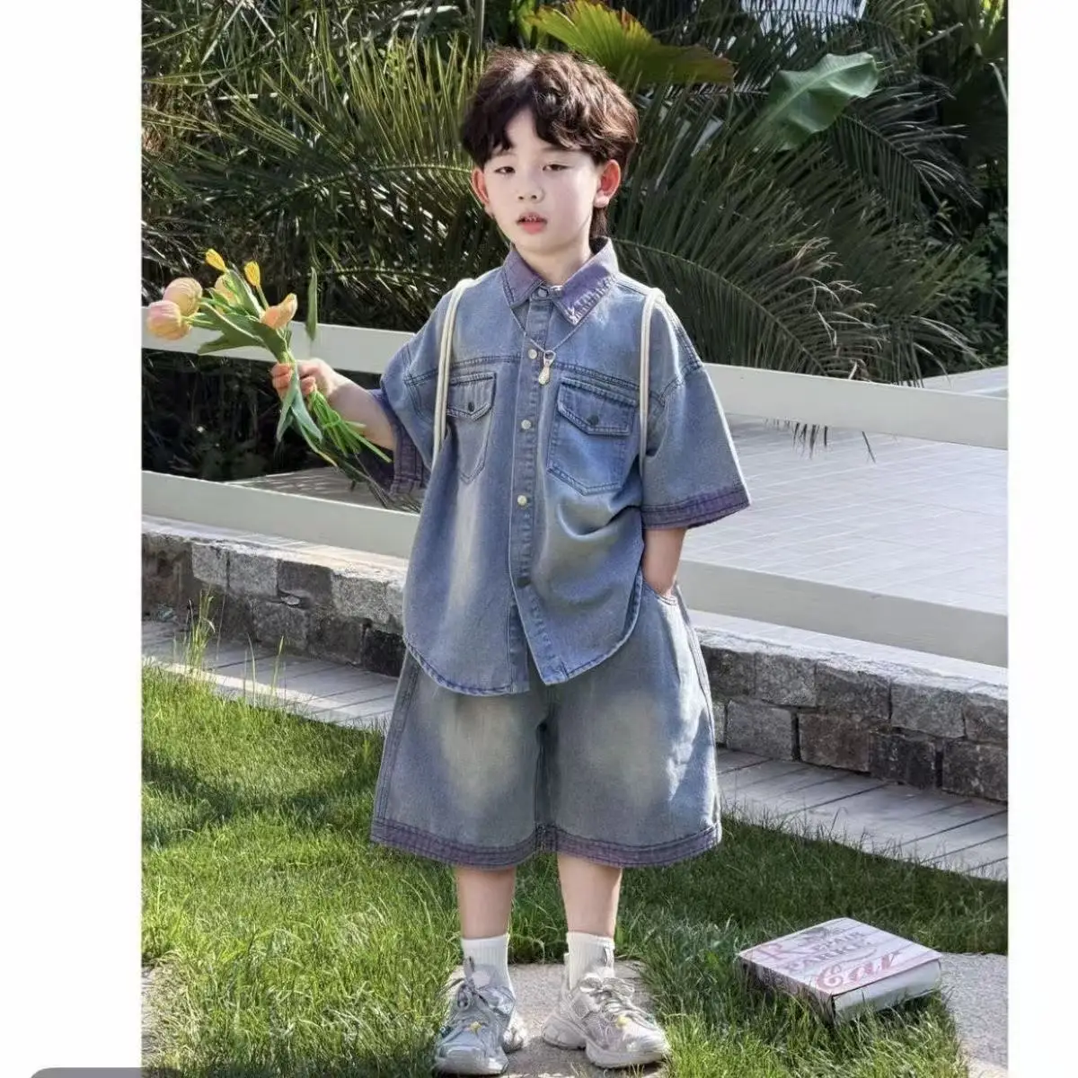 Teenager Boys' Girl Children's Summer Set 2026 New 1-12Y Thin Handsome Cowboy Shirt+Short Sleeve Summer Two Piece Set Outfits