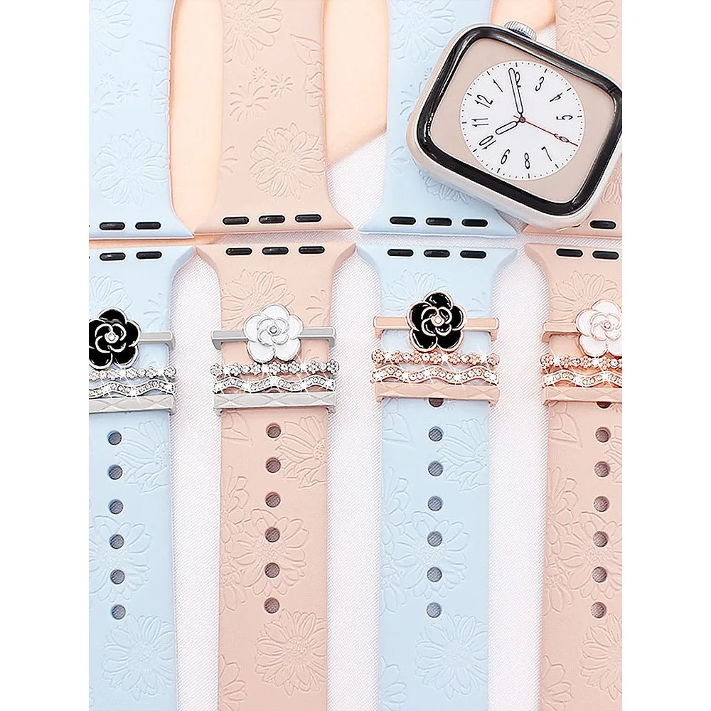 Compatible with Watch Silicone Strap Camellia Blossom Metal Charm Stud Personalized Wristband Decorative Jewelry