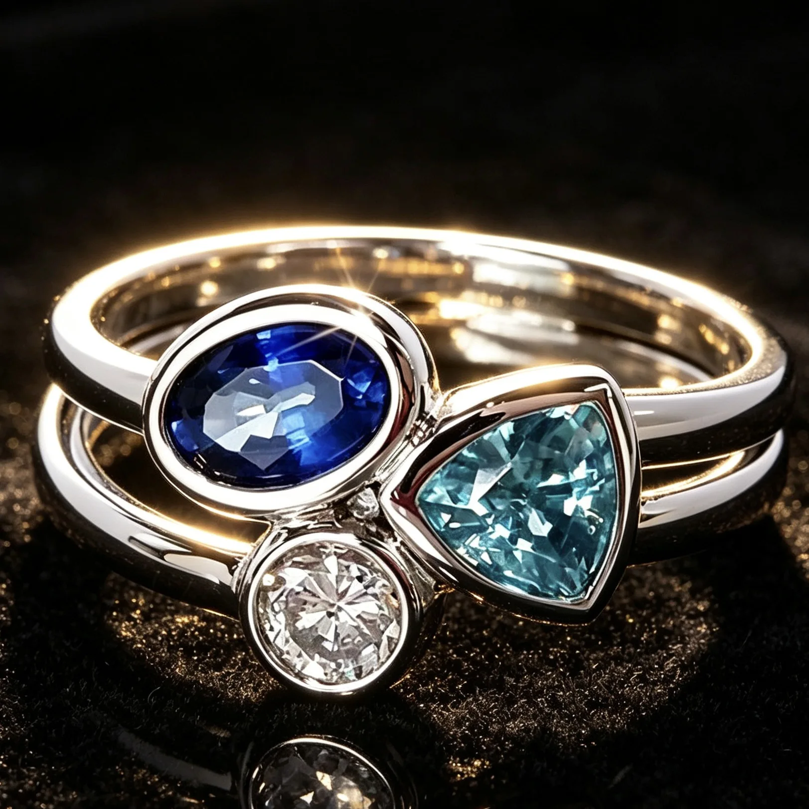 Men's Multi Color Three Zircon Inlaid Dual Shank Statement Ring, Hypoallergenic Polished Modern Jewelry, Birthday Valentine Gift