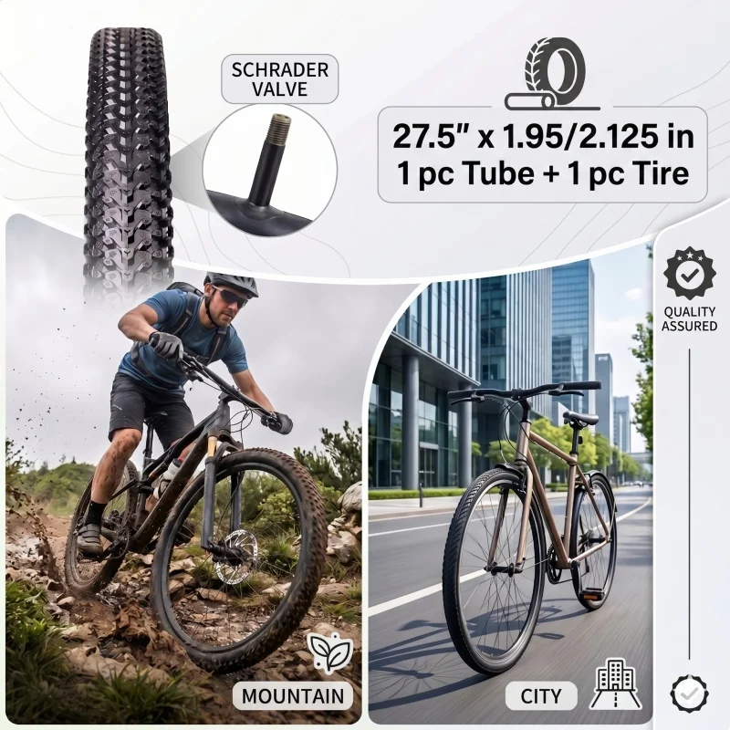 

27.5x1.95 2.125 MTB Bicycle Tire and Inner Tube Set Universal Mountain Bike Tyres 32mm Schrader Valve Cycle Rubber Replacement