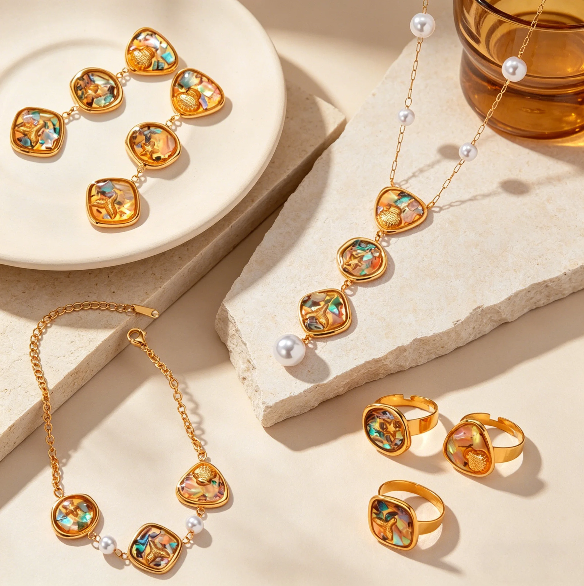 

Fashion Abalone Shell Necklaces Rings Earrings Bracelet Jewelry Set For Women Stainless Steel Ocean Series Summer Jewelry Gifts