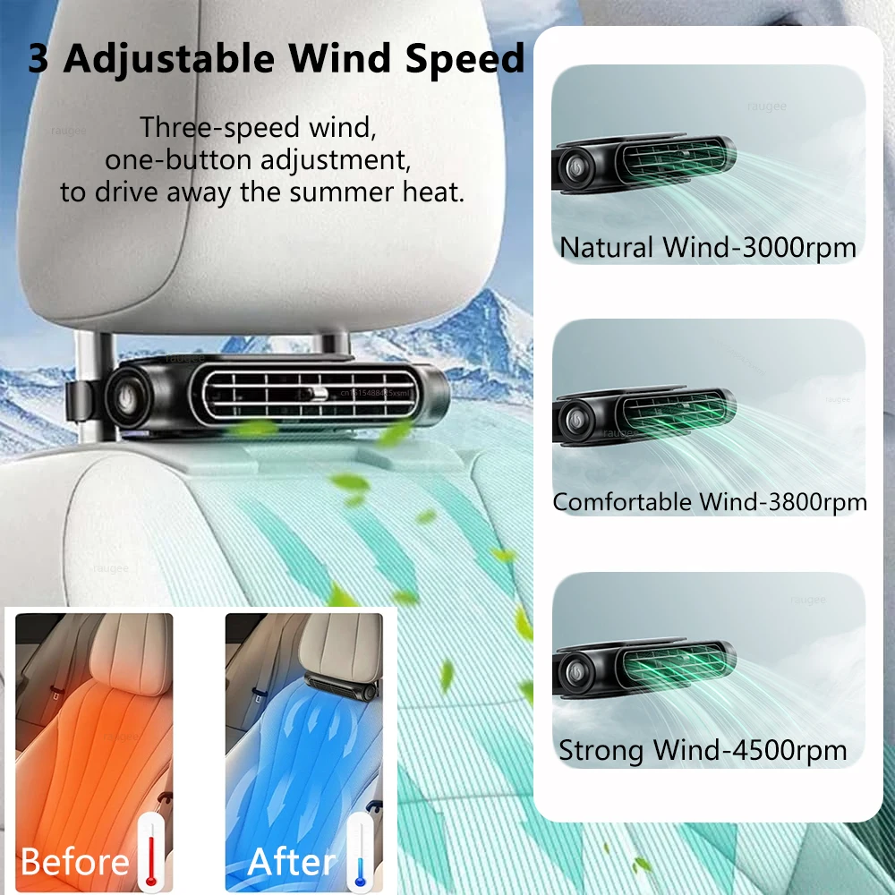 USB قابلة للشحن مقعد السيارة مروحة 3000mAh سيارة مروحة المحمولة مسند الرأس المقعد الخلفي مروحة التبريد مع 3 إعدادات والعتاد للمركبة