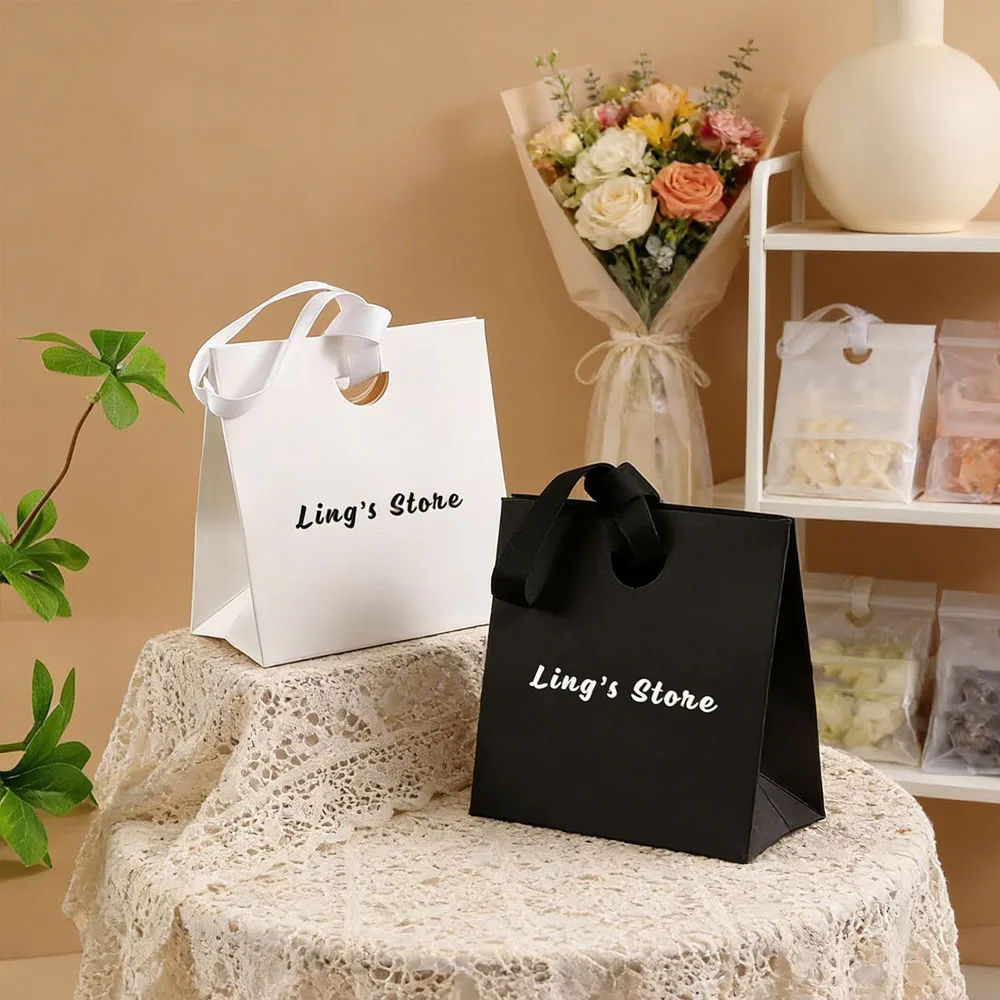 50/100Pcs 15.5×7.5×14.5cm Personalized Logo Jewelry Fashion Cosmetic Earring Kraft Tote Bag Shopping Gift Packaging Handbag