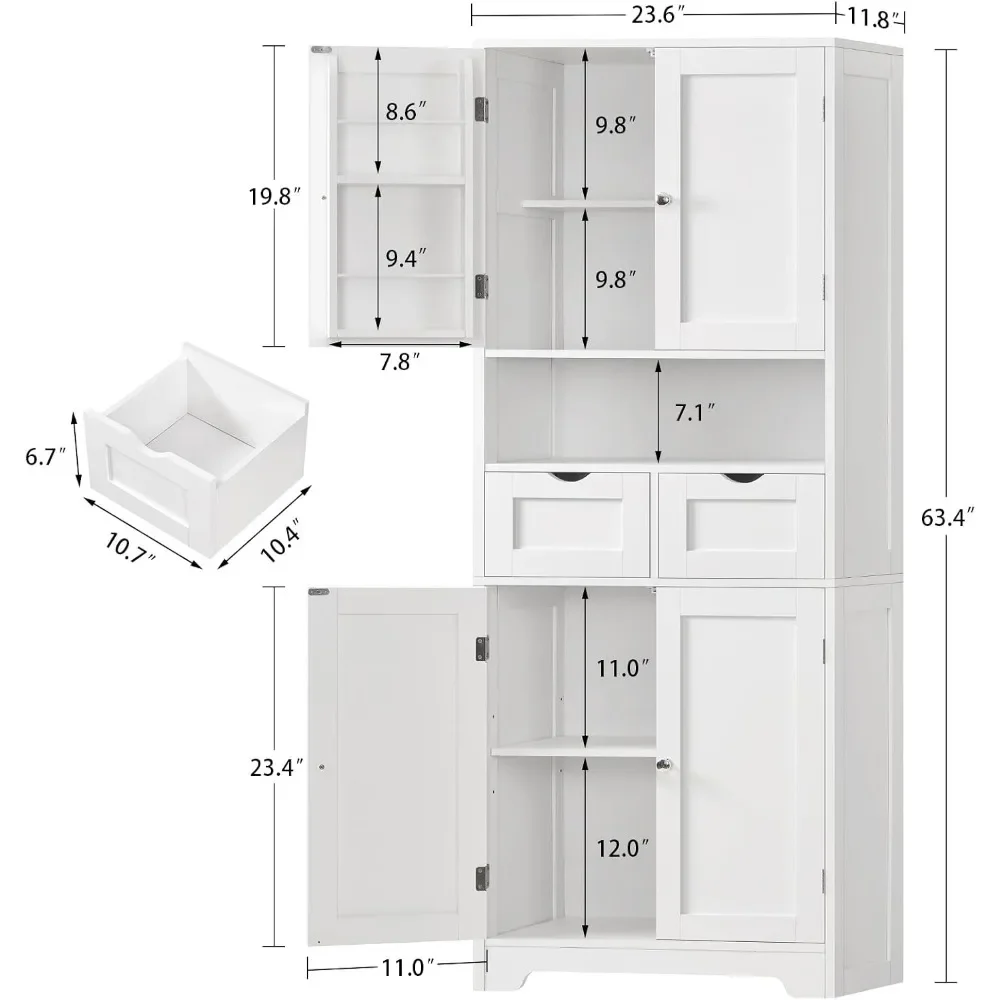 Adjustable Shelf Tall Storage Cabinet, 2 Drawers and 4 Door Shelves, Suitable for Kitchen, Dining, Living Room, White