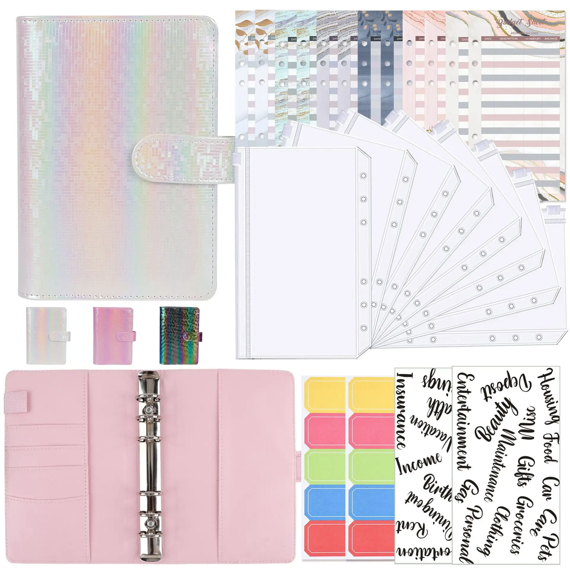 A6 PU Leather Marble Notebook Binder Budget Planner Money Organizer for Cash Savings with Zipper Envelope Pockets Stickers