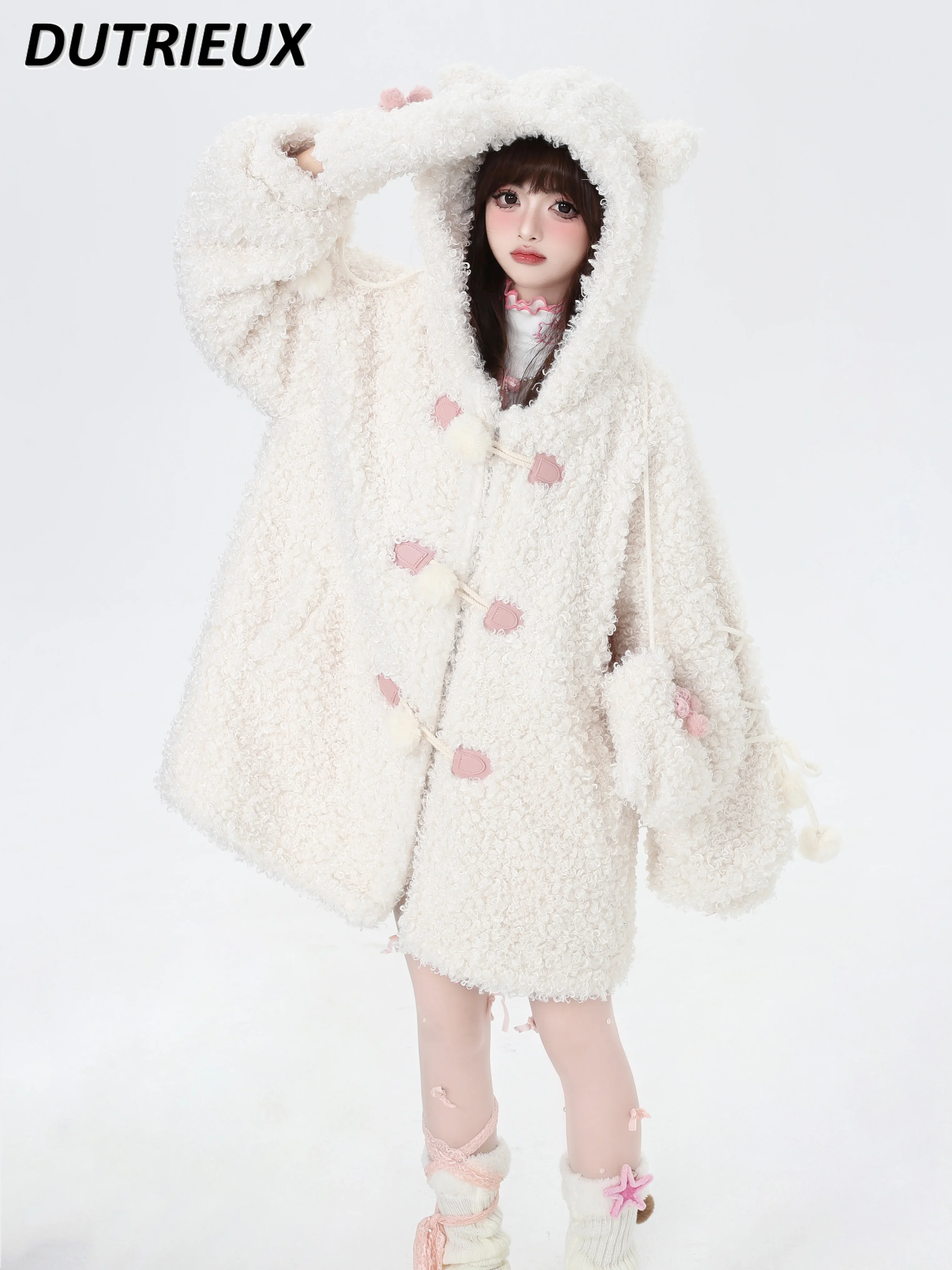 Winter New Original Sweet Loose Versatile Lamb Wool Thickened Hooded Coat Cute Long-sleeved Single-breasted Mid-length Jacket