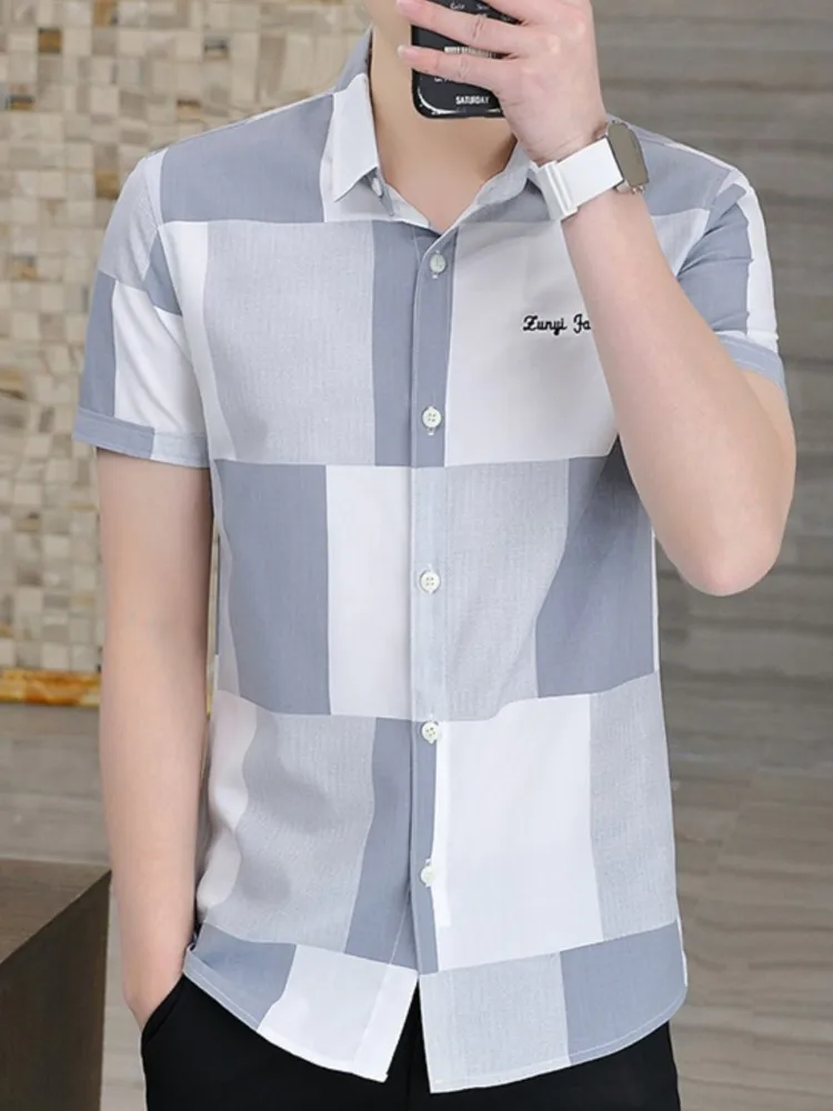 Summer New Fashion Short Sleeve Shirt Men Trend Breathable Soft Cool Cotton Slim Plus Size Brand Youth Plaid Shirt