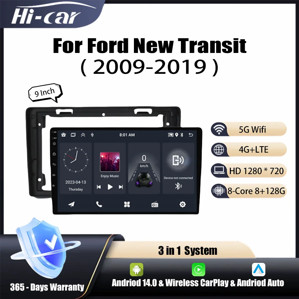 Radio de coche 2 DIN Android 14 CarPlay y Android Auto para Ford New Transit 2009-2019 sistema inteligente unidad principal de reproductor Multimedia