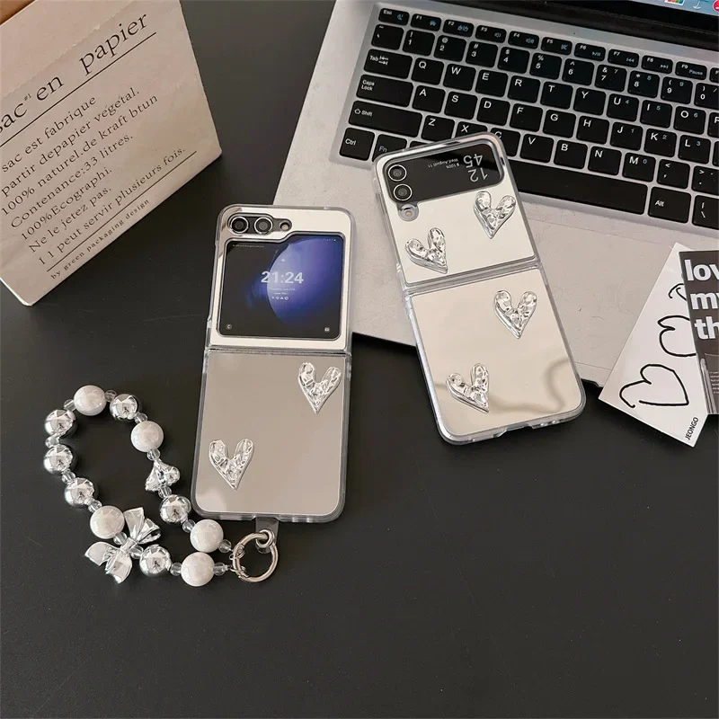 

Silver Mirrored Heart Phone Case for Samsung Galaxy Z Flip 6 5 4 3 Protective Back Cover for ZFlip4 ZFlip5 ZFlip6 Case Shell
