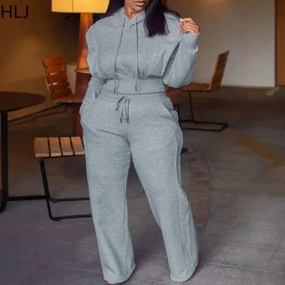 HLJ Gray Casual Solid Hooded Two Piece Sets Women Long Sleeve Crop Top And Drawstring Wide Leg Pants Outfits Female Tracksuits