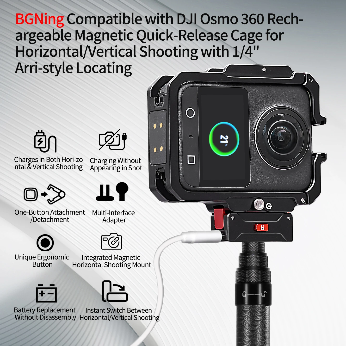 Bgning für DJI Osmo 360 Magnetischer Kamerarahmen für Horizontale & Vertikale Fotografie Schnellverschluss Aufladbare Erweiterung Stativhalterung – Detail 1