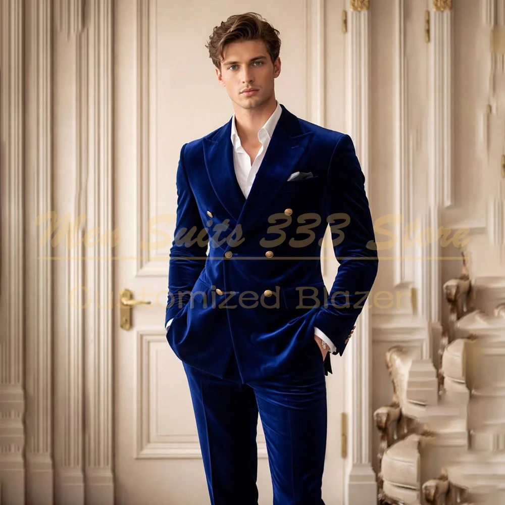 

Royal Blue Men's Suits Elegant Double Breasted Slim Fit 2 Piece Jacket Pants Sets High Quality Blazer Fasion Outfits
