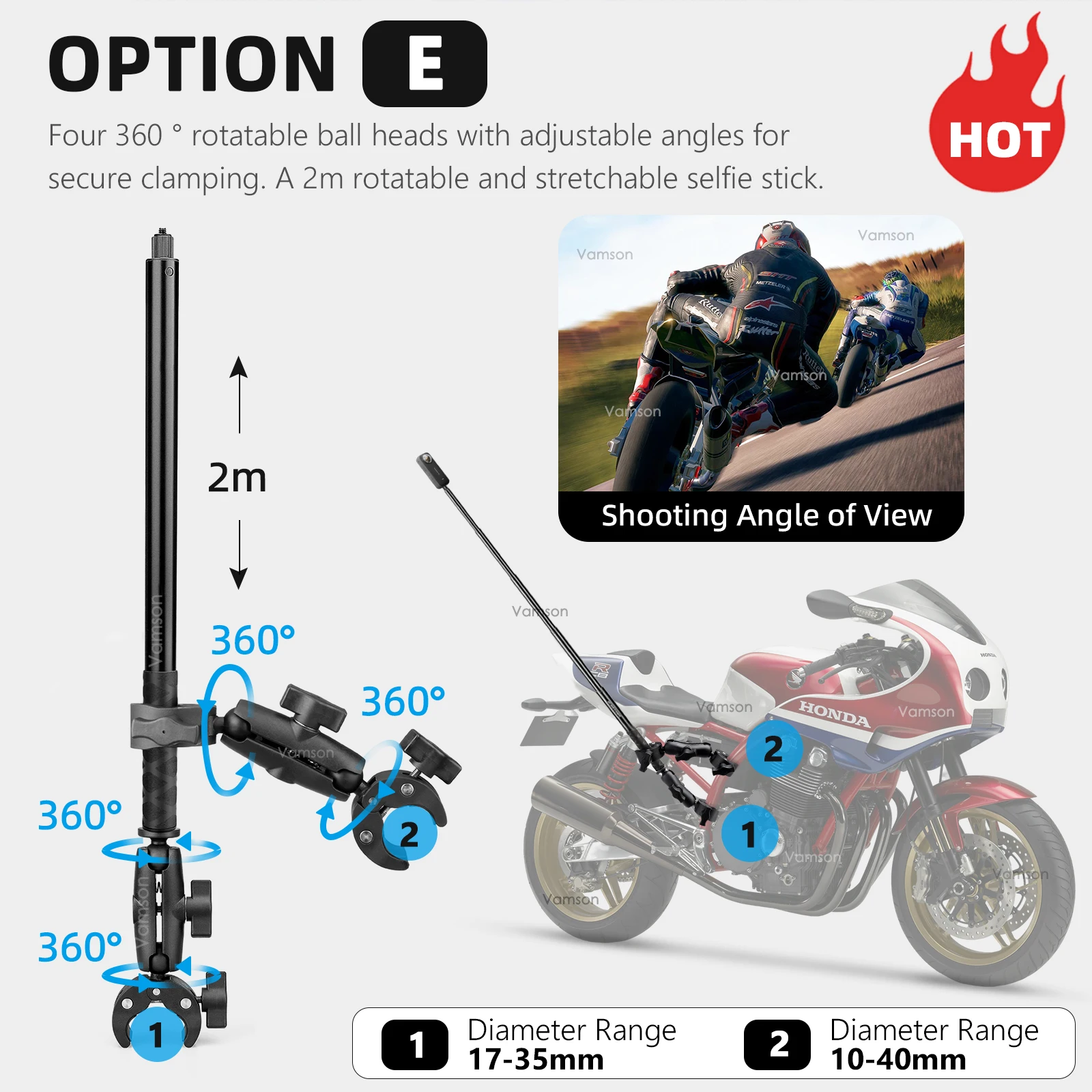 Vamson for Insta360 One X3 Motorcycle 3rd Person View Invisible Selfie Stick Handlebar Clamp Mount for Insta 360 X2 GoPro Camera