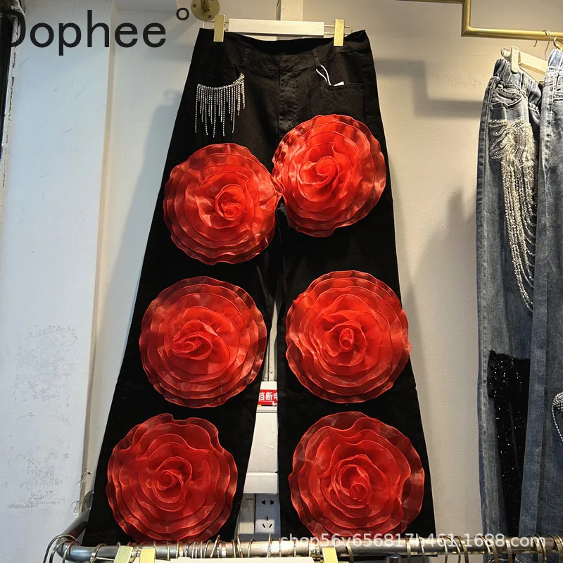 

Модные черные джинсы со стразами и кисточками для женщин, новые осенние универсальные джинсовые брюки с высокой талией, широкие прямые джинсы с 3d цветами