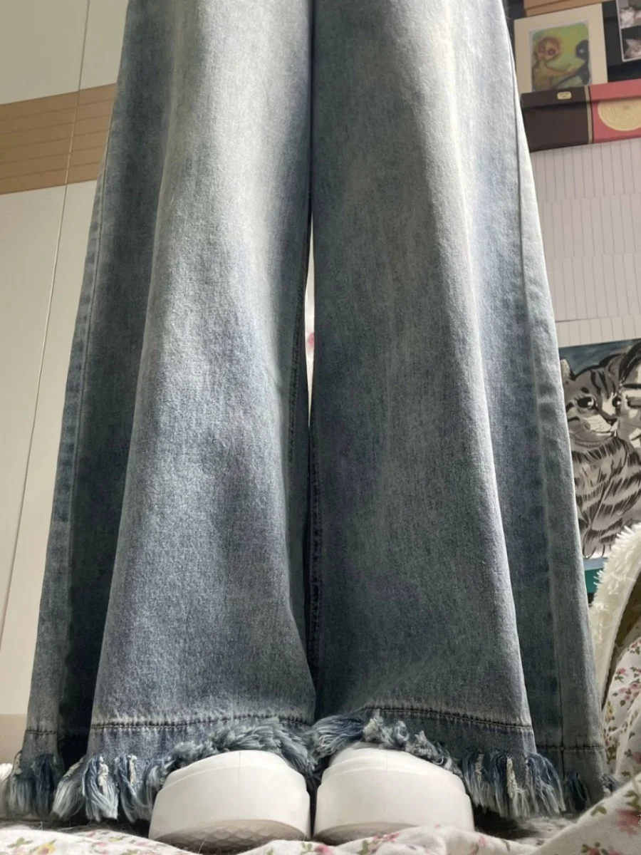 

Джинсы с высокой талией и широкими штанинами, женские летние тонкие джинсы большого размера с бахромой и кисточками, драпированные свободные брюки длиной до пола