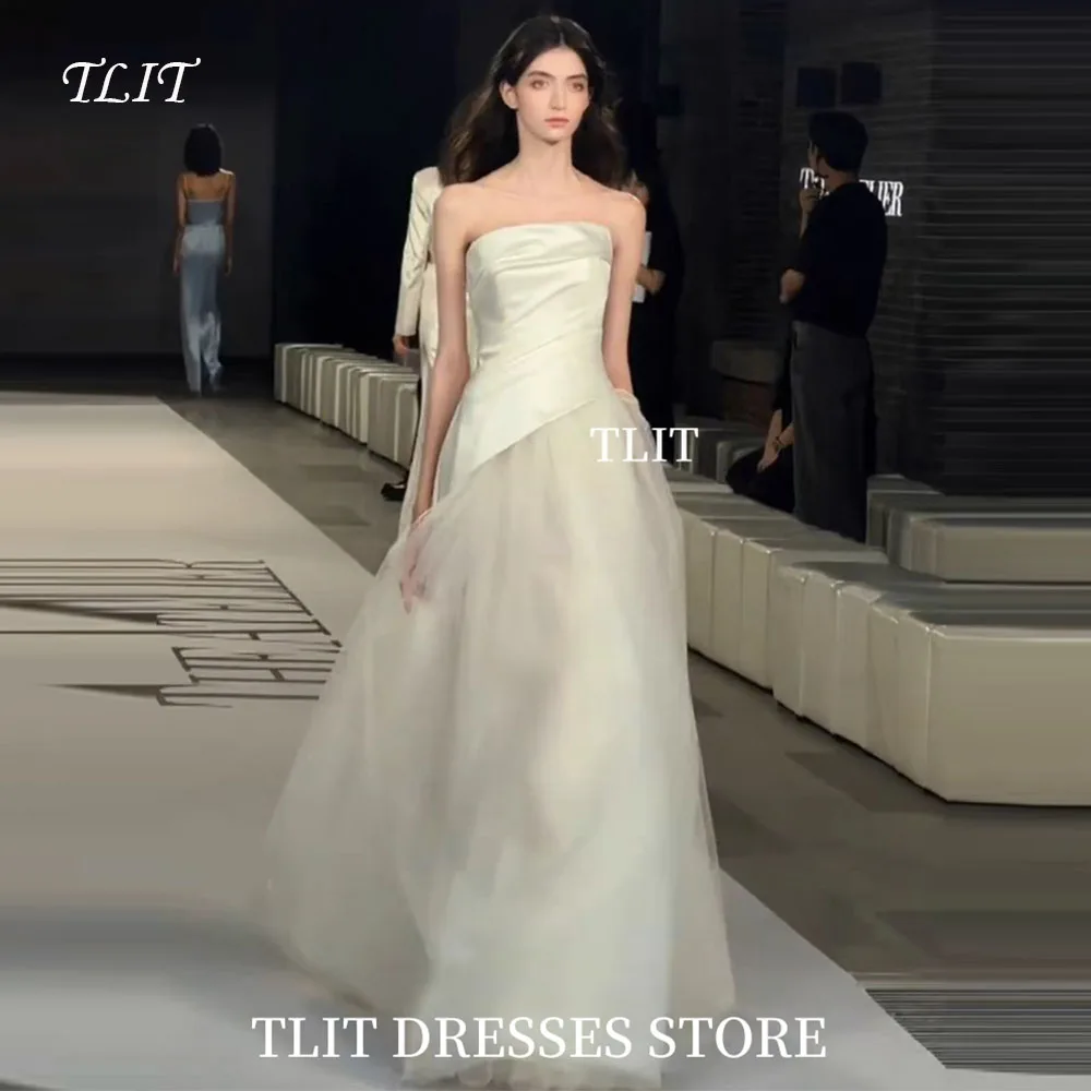 

TLIT 2025 Simple Ivory Satin and Tulle Splicing Evening Dress Strapless Sleeveless Prom Gowns Customized Vestidos de fiesta